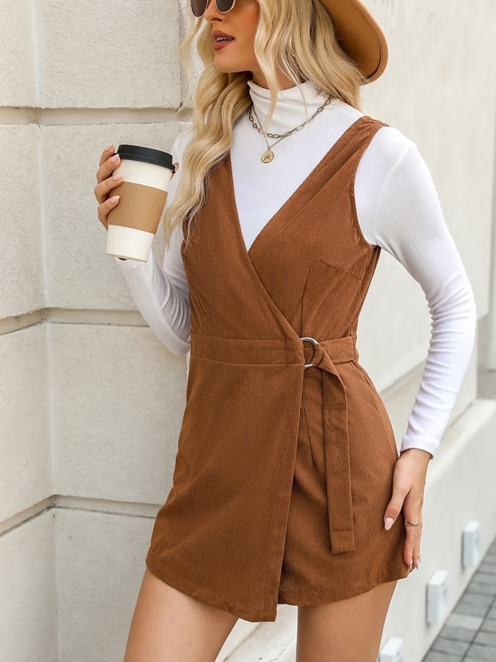 CUPSHE Brown Corduroy Wrap Romper Dress with Tie Waist Size Medium NWOT